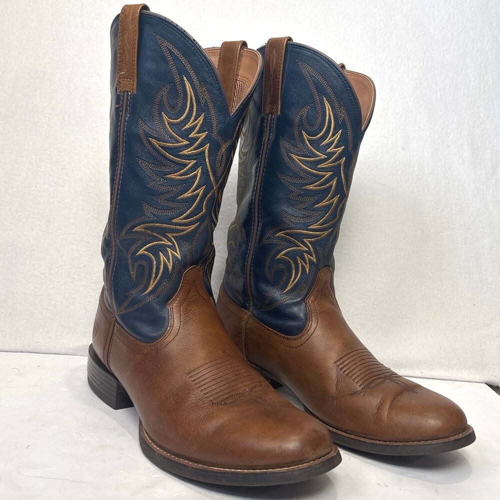 Ariat Sport Horseman Western Boots Mens 12D Brown Navy Leather Rafter 10021699